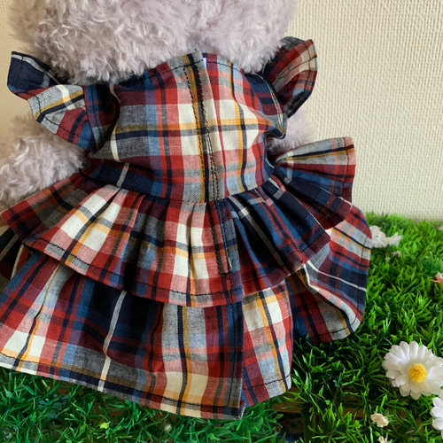 作家さん　テディベア　チェックのひらひらワンピースにリボン　ランドセル　一年生 ステラルーちゃんのお洋服☆ チェックフリルワンピース