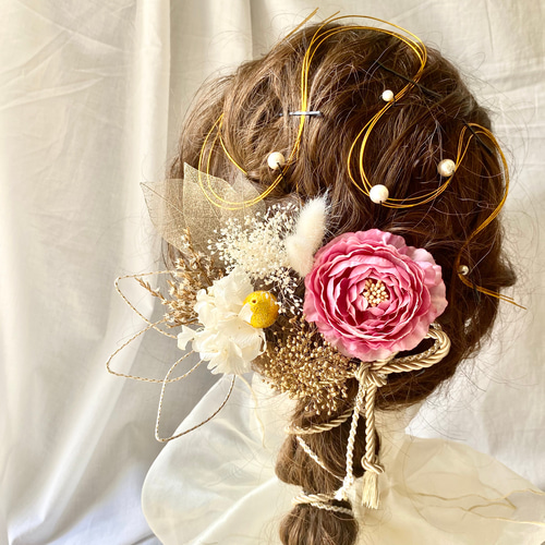 高価値セリー ラナンキュラス 成人式 髪飾結婚式 ドライフラワー ヘア リボン ヘアアクセサリー