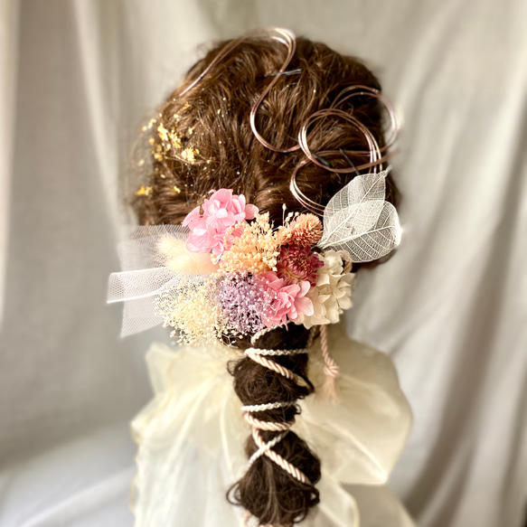 金箔＆水引付き ピンクのプリザーブドフラワーと飾り紐の髪飾り ／成人