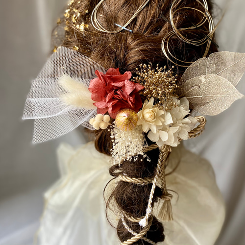 金箔＆水引付き 紫陽花とプリザーブドフラワーと飾り紐の髪飾り 赤