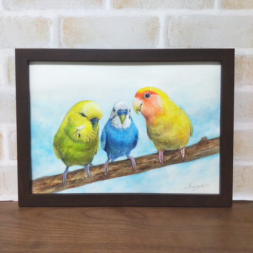 セキセイインコの似顔絵【水彩画/額付き】 絵画 chokotto* 通販