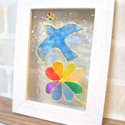 Rainbow clover＊Blue bird＊ステンドグラス風【虹色の四つ葉の