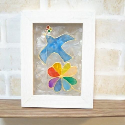 Rainbow clover＊Blue bird＊ステンドグラス風【虹色の四つ葉の