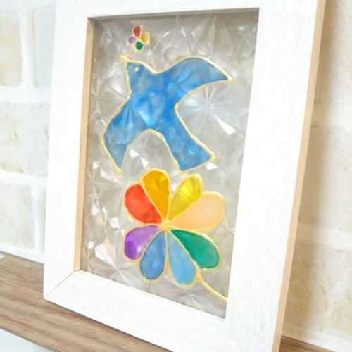 Rainbow clover＊Blue bird＊ステンドグラス風【虹色の四つ葉の