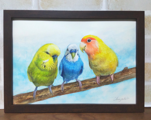 インコの似顔絵【水彩画/額付き】 絵画 chokotto* 通販 8300570