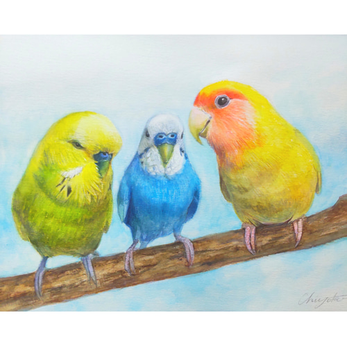 インコの水彩肖像画【手描き原画】（簡易額付/オーダー） 絵画
