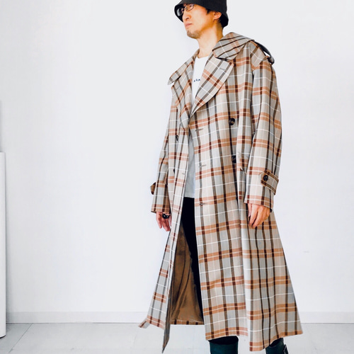 メンズ【men's 】TWウール素材 チェック柄 ビッグシルエット トレンチ