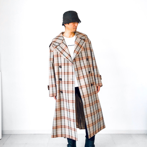 メンズ【men's 】TWウール素材 チェック柄 ビッグシルエット トレンチ