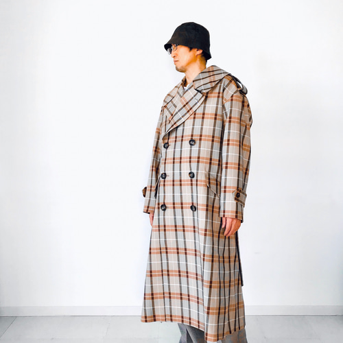メンズ【men's 】TWウール素材 チェック柄 ビッグシルエット トレンチ