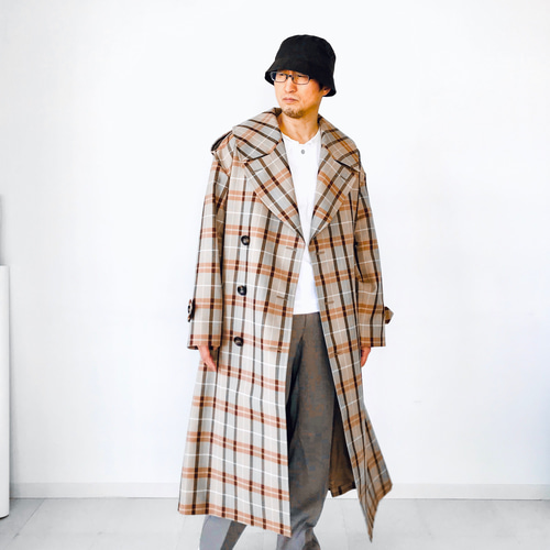 メンズ【men's 】TWウール素材 チェック柄 ビッグシルエット トレンチ