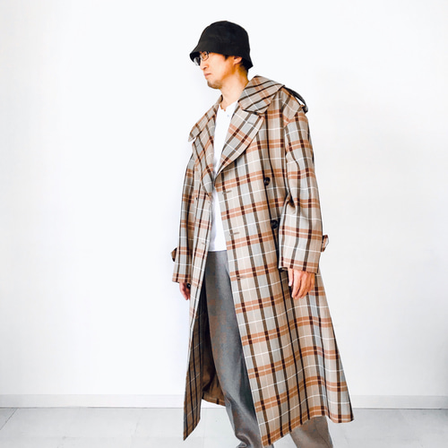確認用‼️ウール100% チェック柄 トレンチコート メンズ【men's 】TWウール素材 チェック柄 ビッグシルエット トレンチ