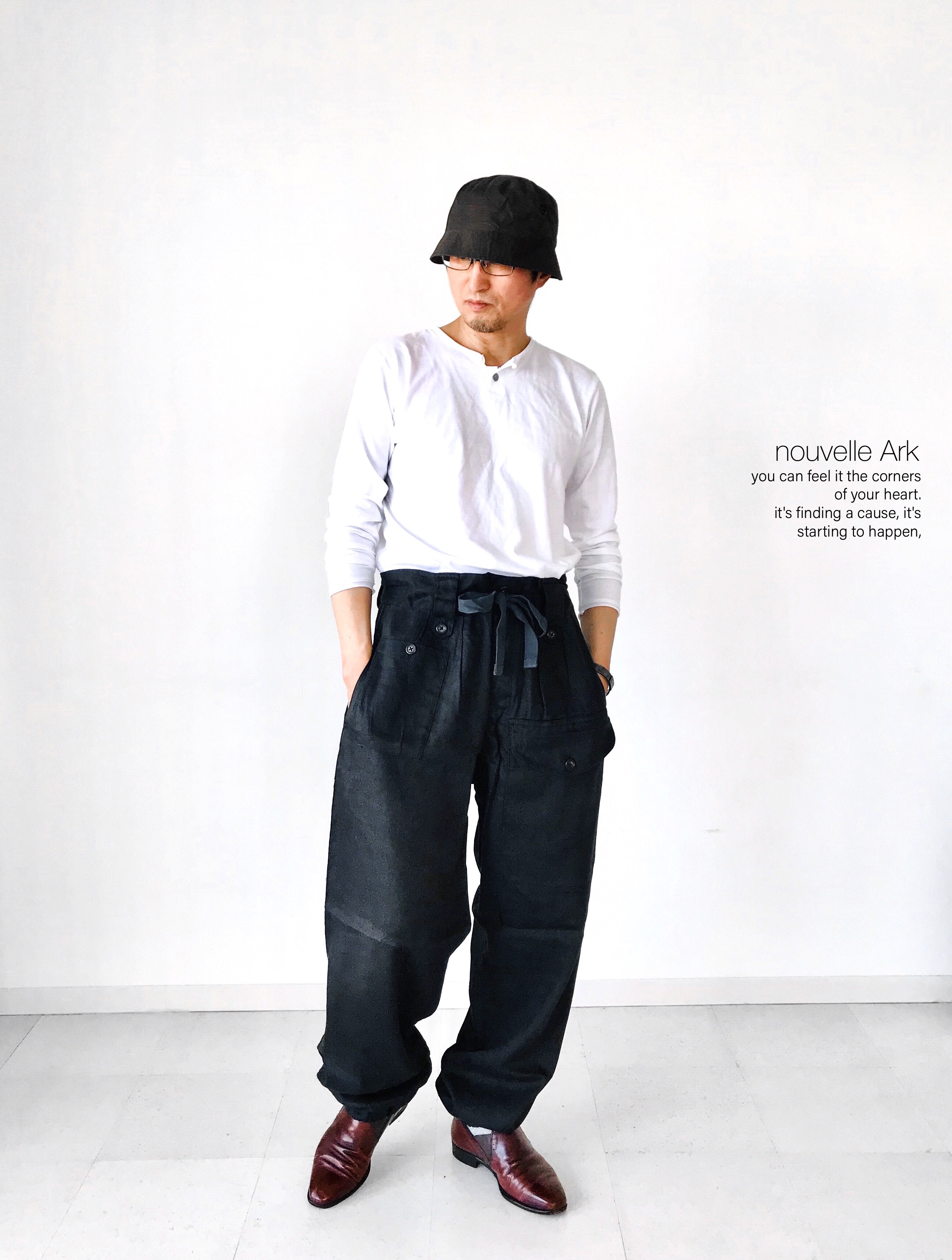メンズ【men's】Herdmans社アイリッシュリネン素材　ワイドカーゴ パラシュートパンツ