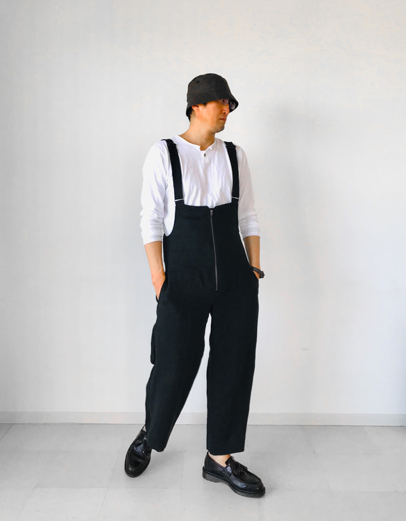 メンズ【men's】  最高品質ヘビーリネンツイル素材　ワイド ピエロパンツ　サロペット 3枚目の画像