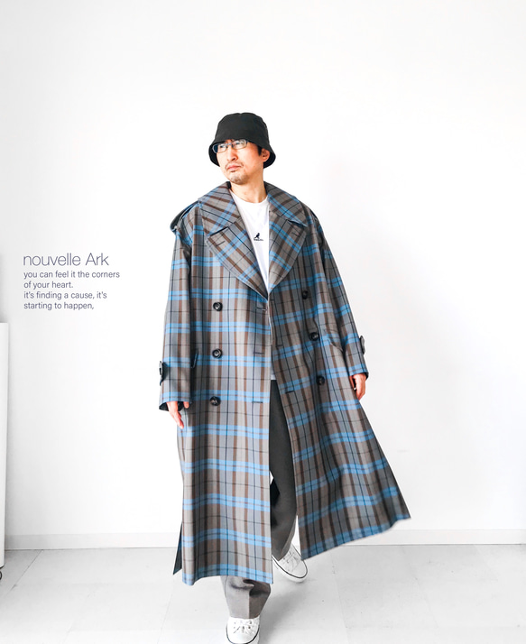 メンズ【men's】 最上質TWウール素材チェック柄 ロングトレンチ