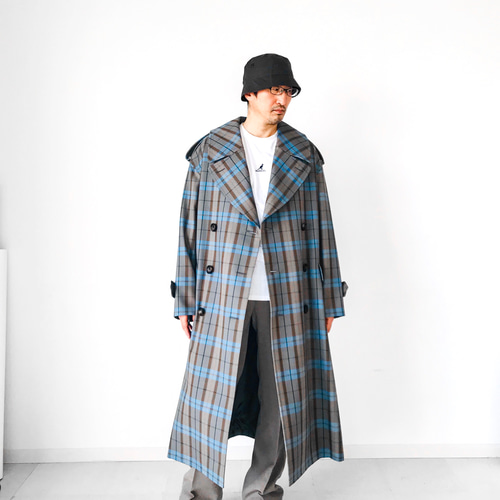 メンズ【men's】 最上質TWウール素材チェック柄 ロングトレンチ