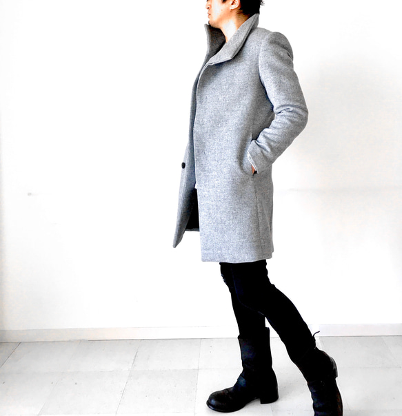 メンズ【men's】《ライトグレー色》 最上質ジロンラムウール素材　スタンドカラー コート 4枚目の画像