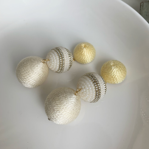 NO. 23】イエロー系 × ビーズボーダー ボンボンピアス ボンボン 