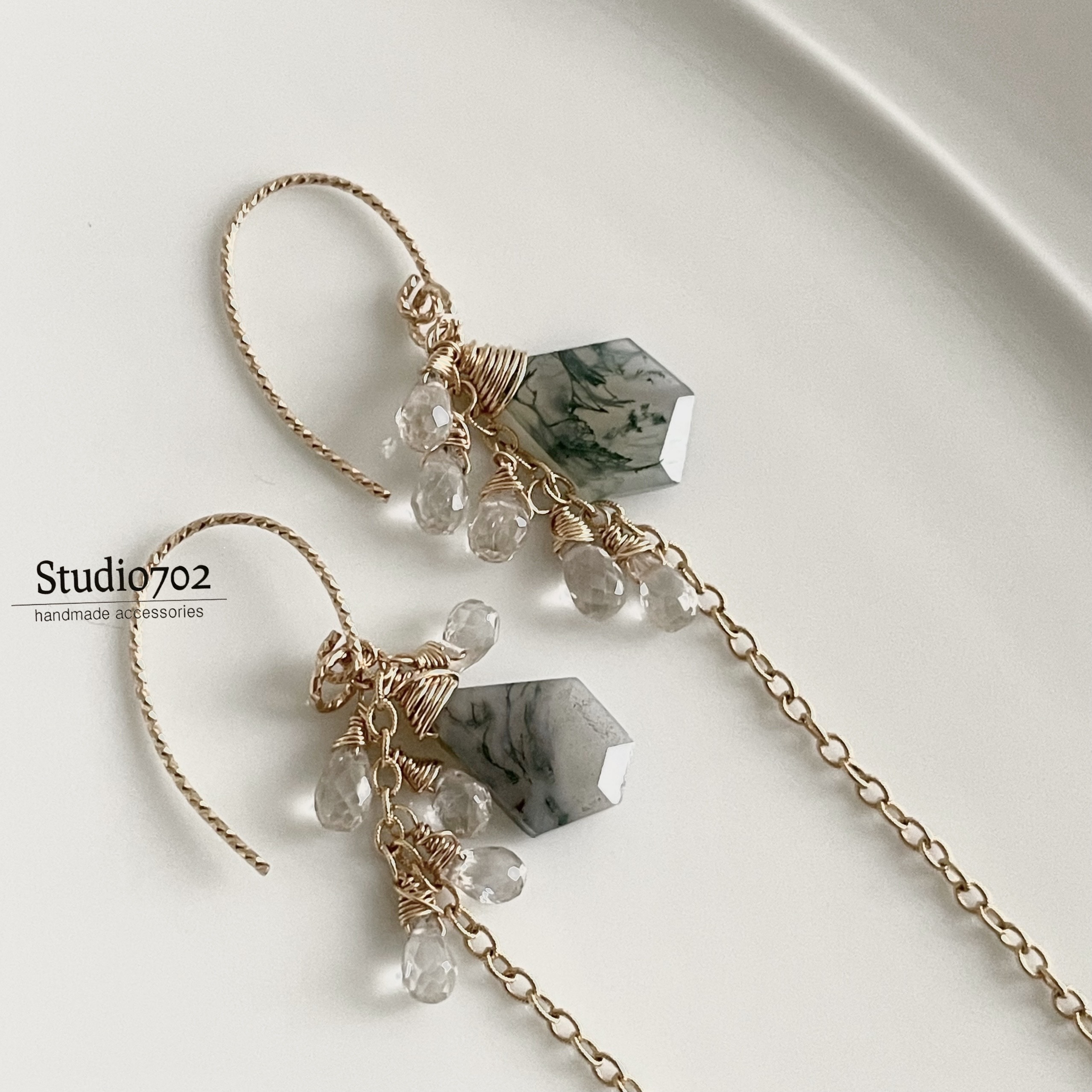 モスアゲート・ジルコン・チェーンピアス14kgf