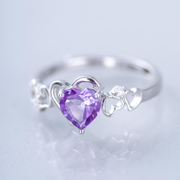 紫水晶925純銀心型戒指 | 天然寶石純銀戒指鑲鑽鋯石紫晶水晶 | 可調節大小指環 第1張的照片