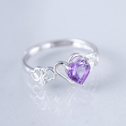 紫水晶925純銀心型戒指 | 天然寶石純銀戒指鑲鑽鋯石紫晶水晶 | 可調節大小指環 第3張的照片