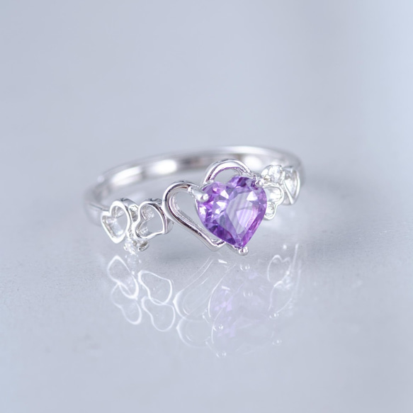 紫水晶925純銀心型戒指 | 天然寶石純銀戒指鑲鑽鋯石紫晶水晶 | 可調節大小指環 第7張的照片