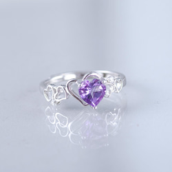紫水晶925純銀心型戒指 | 天然寶石純銀戒指鑲鑽鋯石紫晶水晶 | 可調節大小指環 第8張的照片