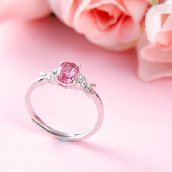 粉紅碧璽925純銀戒指 | 天然寶石純銀鑲鑽玫瑰碧璽粉紅色水晶 | 可調節大小指環 第1張的照片