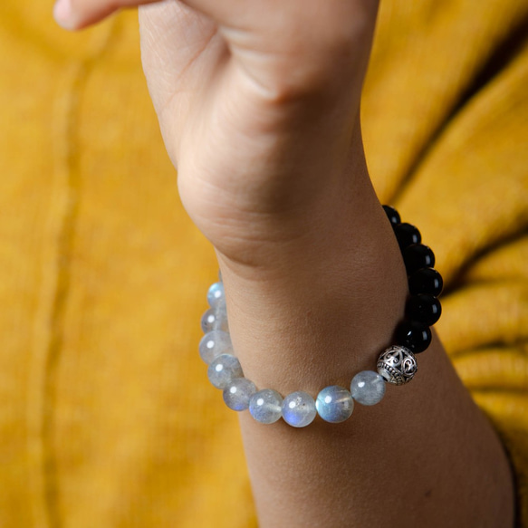 藍光拉長石黑瑪瑙手鍊 | 天然水晶925純銀設計手鏈泰銀客製化禮物 第3張的照片