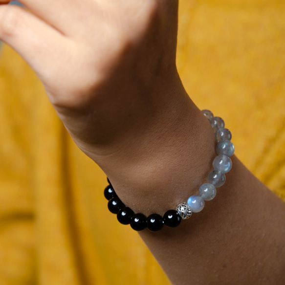藍光拉長石黑瑪瑙手鍊 | 天然水晶925純銀設計手鏈泰銀客製化禮物 第5張的照片