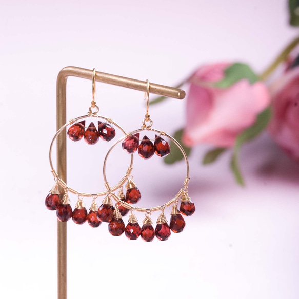 石榴石珍珠14K耳環 | 天然水晶耳勾客製禮物紅色天然石寶石耳環 第1張的照片