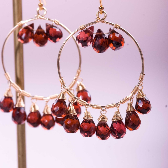 石榴石珍珠14K耳環 | 天然水晶耳勾客製禮物紅色天然石寶石耳環 第4張的照片