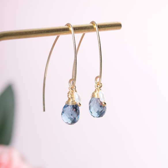 倫敦藍托帕石珍珠14KGF耳環  |天然水晶耳勾 客製化禮物 |寶石耳環 第2張的照片