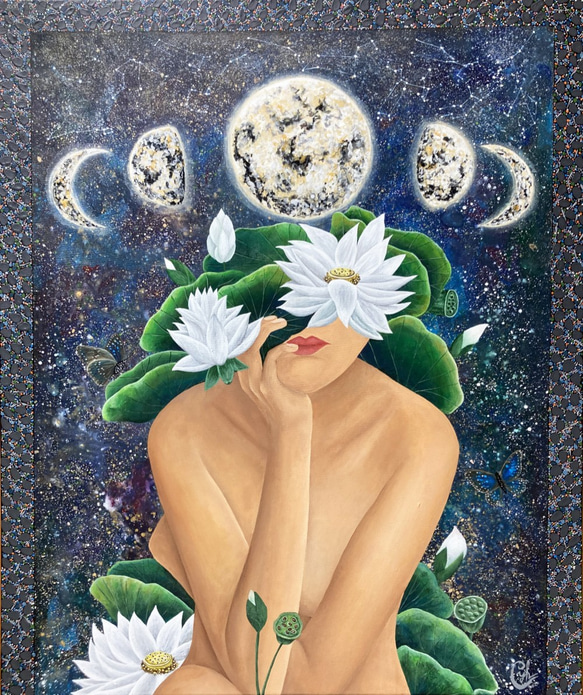 訂製繪畫 《靜月下的悄悄話》" Moon Whisper＂月亮女性壓克力繪畫 第1張的照片