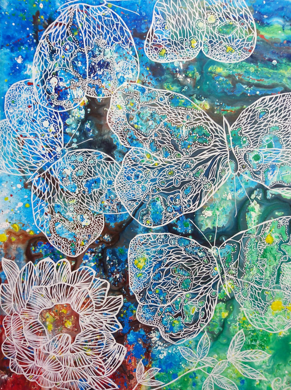 蝴蝶繪畫《綠與藍的記憶》 butterfly painting "Green&Blue Memory " 第1張的照片