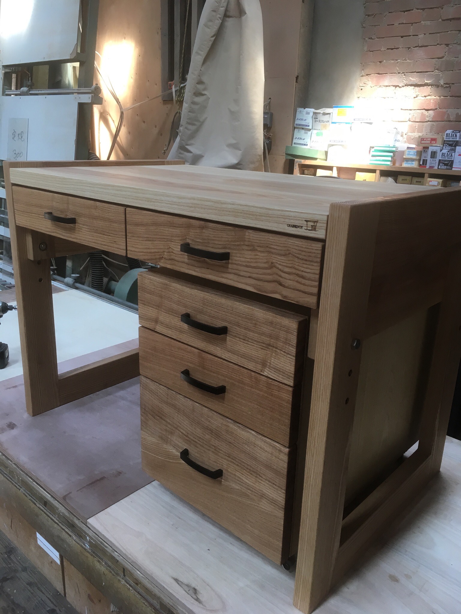 サイズオーダー可 デスク 学習机 ホワイトアッシュ材 高さ調整 ワゴン パソコンデスク 無垢