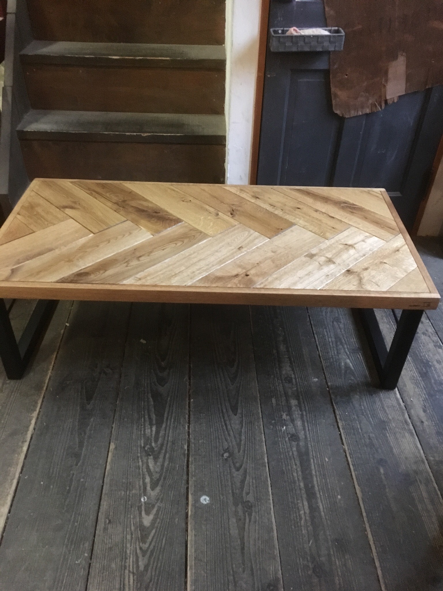 サイズオーダー可 ローテーブル オーク材 ヘリンボーン インダストリアル アイアン 鉄脚