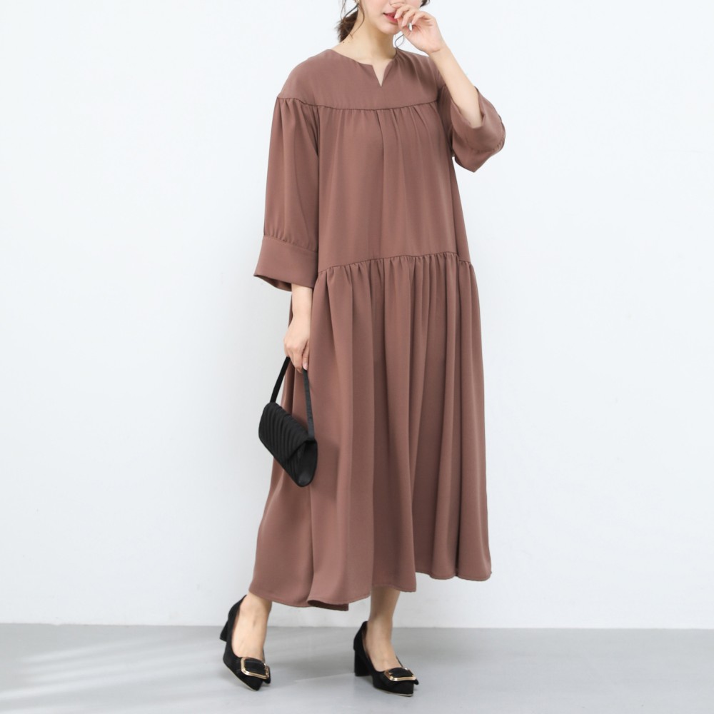裾上げ無料♪サイズオーダー可♪ゆったり　シフォン　ギャザーワンピース·モカ（10）
