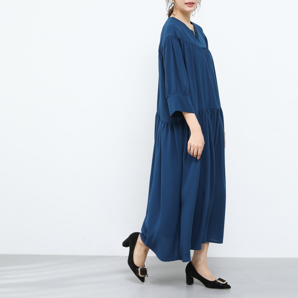 裾上げ無料♪サイズオーダー可♪ゆったり　シフォン　ギャザーワンピース·ブルー