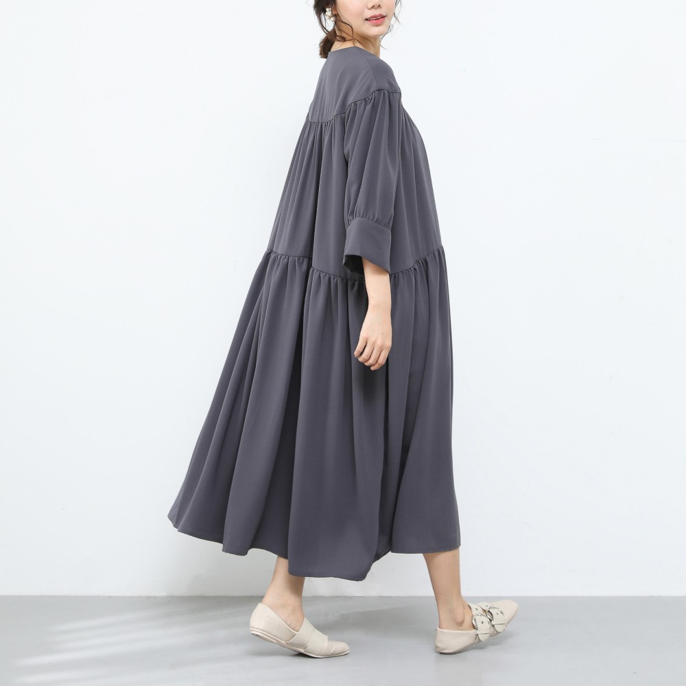 裾上げ無料♪サイズオーダー可♪ゆったり　シフォン　ギャザーワンピース·グレー（15）