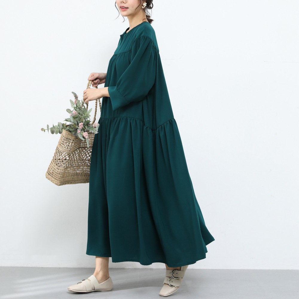 裾上げ無料♪サイズオーダー可♪ゆったり　シフォン　ギャザーワンピース·グリーン(17)