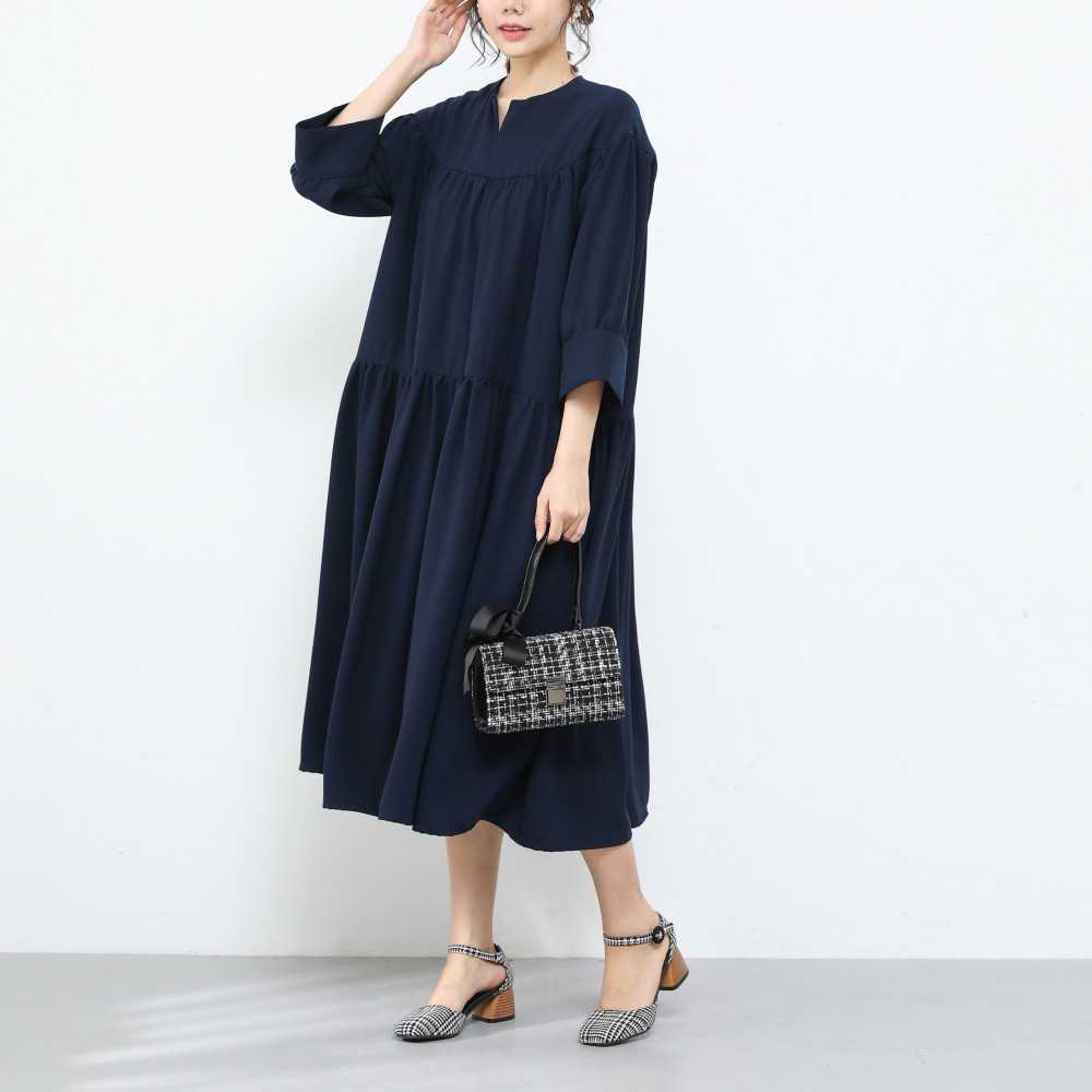 裾上げ無料♪サイズオーダー可♪ゆったり　シフォン　ギャザーワンピース· 紺