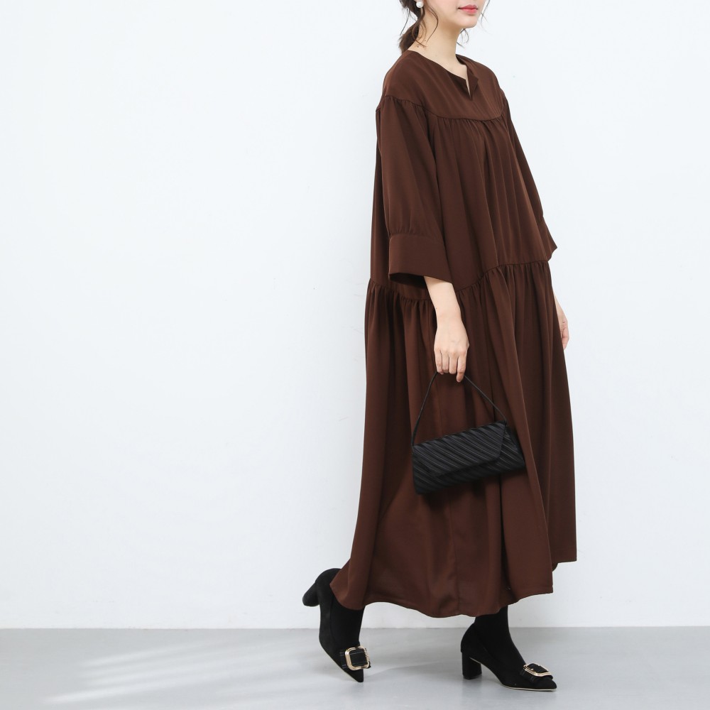 裾上げ無料♪サイズオーダー可♪ゆったり　シフォン　ギャザーワンピース· ブラウン（18）