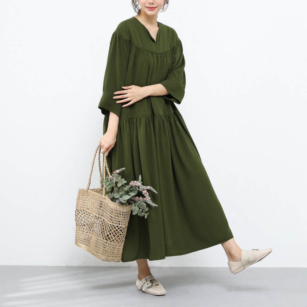 裾上げ無料♪サイズオーダー可♪ゆったり　シフォン　ギャザーワンピース· カーキ