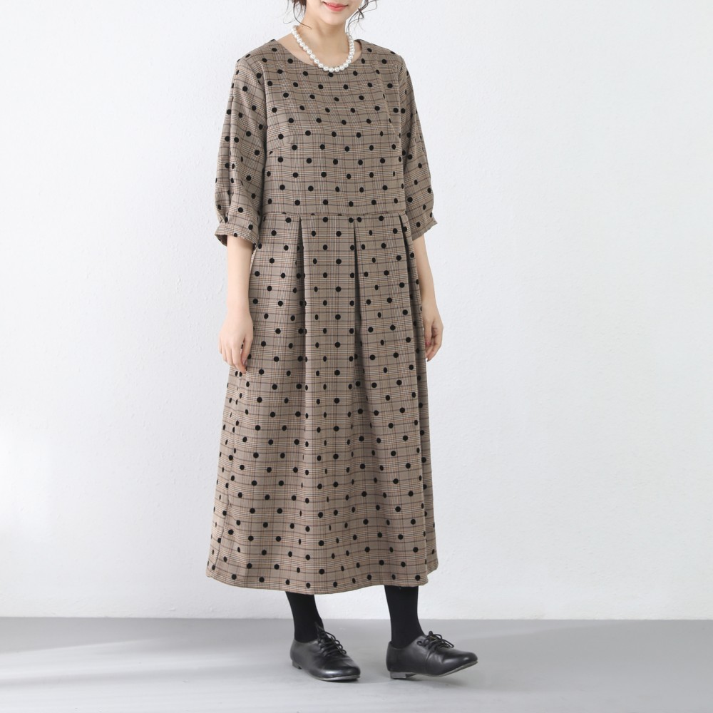 裾上げ無料♪サイズオーダー可♪水玉　チェック柄　ウェストタックワンピース
