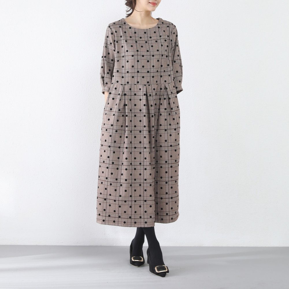 裾上げ無料♪サイズオーダー可♪水玉　チェック柄　ウェストタックワンピース
