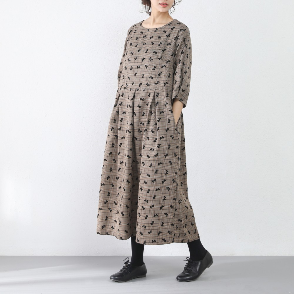 裾上げ無料♪サイズオーダー可♪チェック柄　ウェストタックワンピース