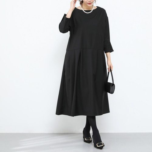 秋服♡美品【UN3D.】エコレザーミックス ワンピース ブラック 黒 38サイズ フォーマル タック ゆったり ワンピース・黒 ♪オーダーサイズ可 （384