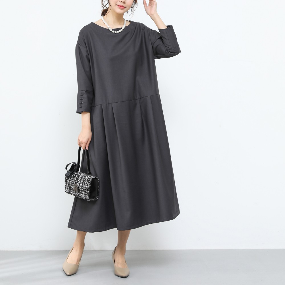【即納】裾上げ無料♪サイズオーダー可♪フォーマル　タック　ゆったり　ワンピース・グレー（49）
