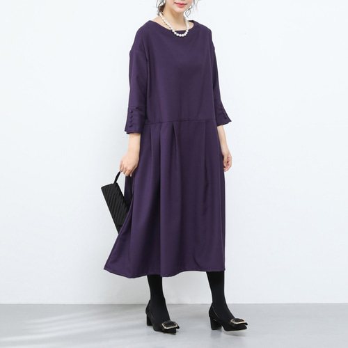 再販×17）フォーマル タック ゆったり ワンピース・ダークパープル