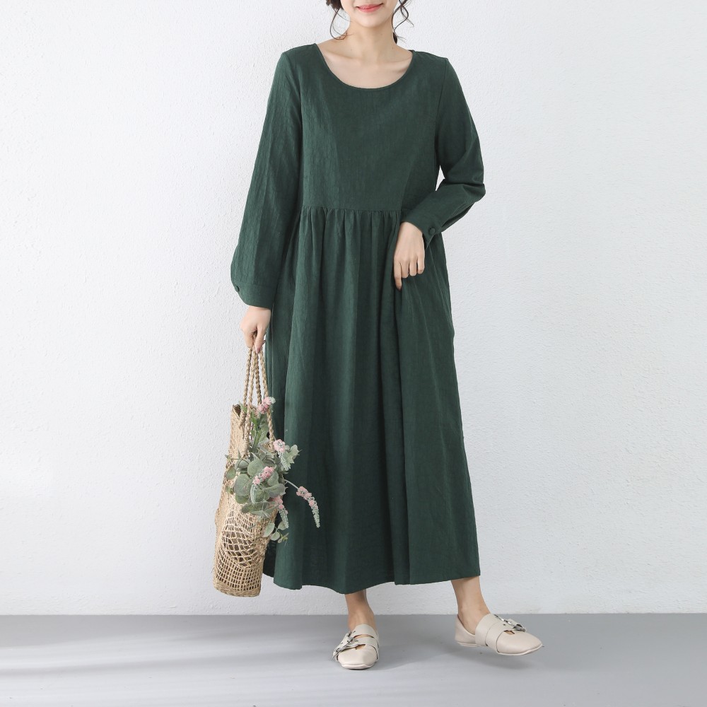 【即納】裾上げ無料♪サイズオーダー可♪凸凹柄模様　コットンリネン ゆったり　ギャザー　ロングワンピース
